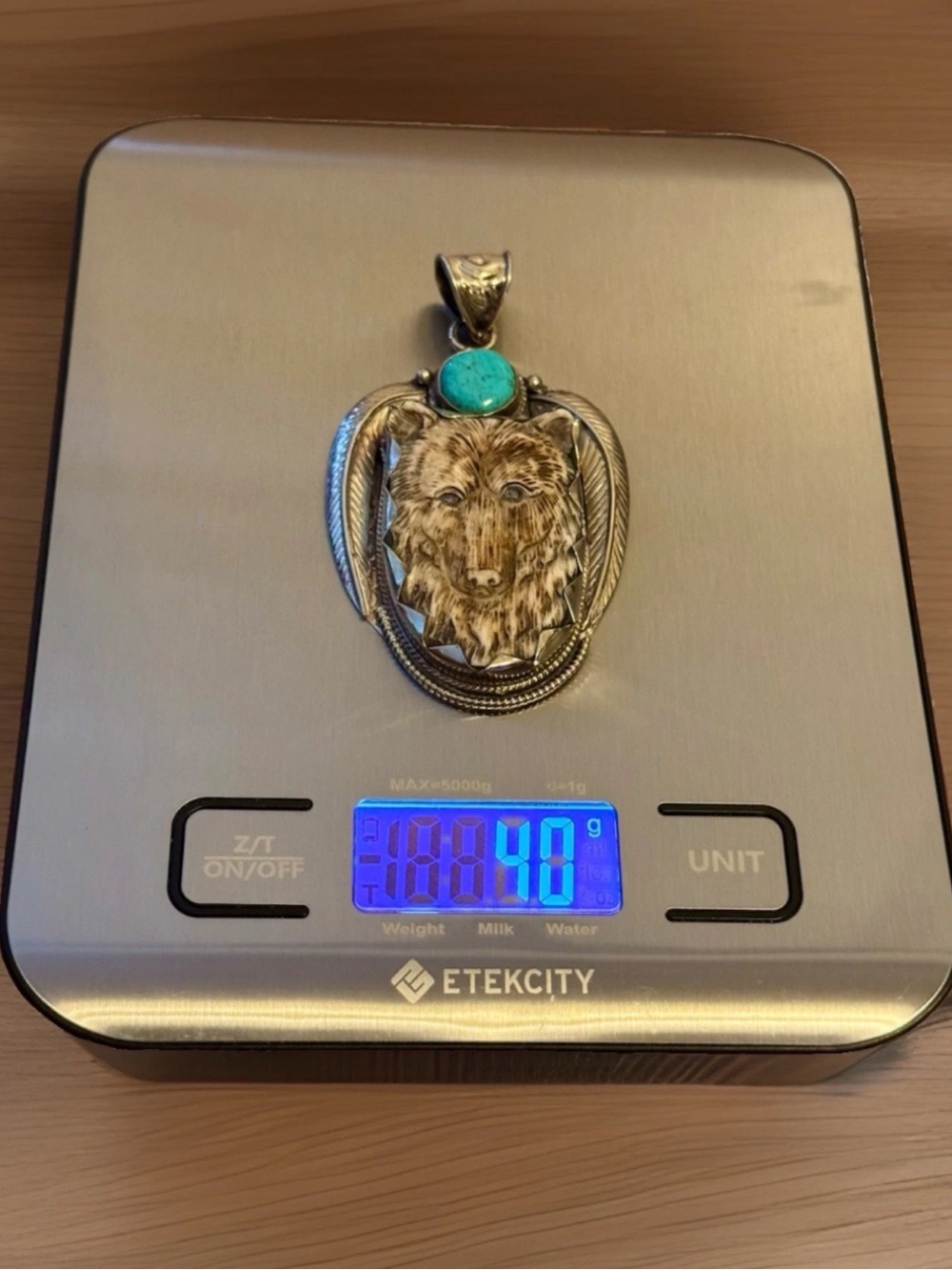 Handcrafted Bone Pendant,Bear Face Art,Floral Carving,Turquoise & Silver,40grams - Picture 10 of 10